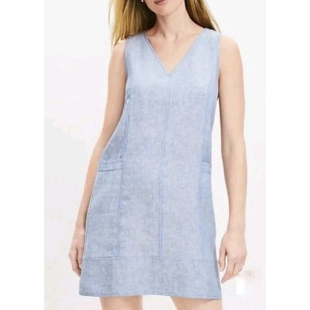 Ann Taylor LOFT Blue Sleeveless 100% Linen‎ V Neck Sheath Dress Jumper Size 12